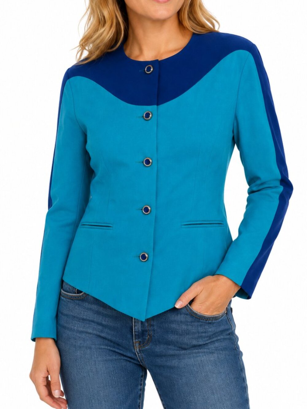 Vintage Renlyn New York 90s Colorblock Blue Jewel Button Blazer Size 4